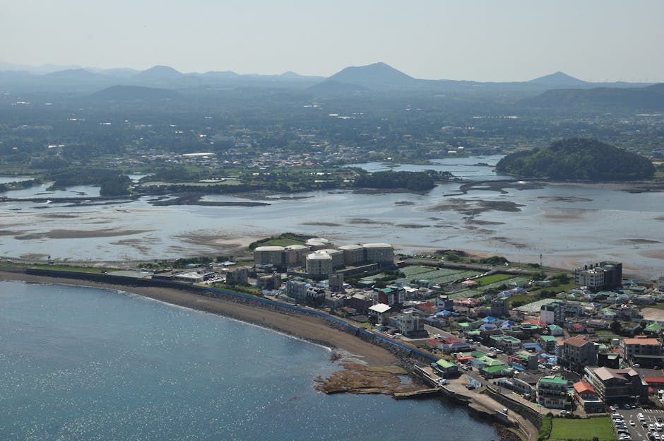 Jeju island aerial view, hidden beach, local road trip